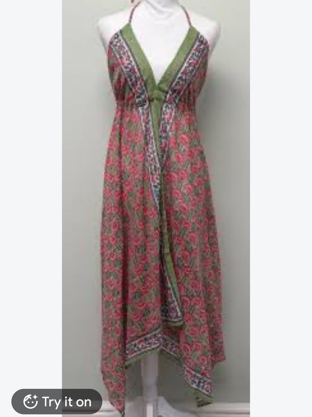 EARTHBOUND Pink Floral Halter Asymmetrical Maxi Dress with Olive Trim